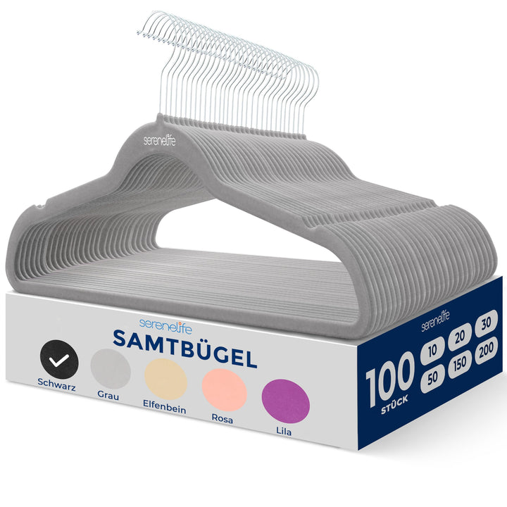 SereneLife Graue Kleiderbügel Samt 100 Stück, Kleiderhaken für Aufbewahrung &amp; Organisation, Bügel ru
