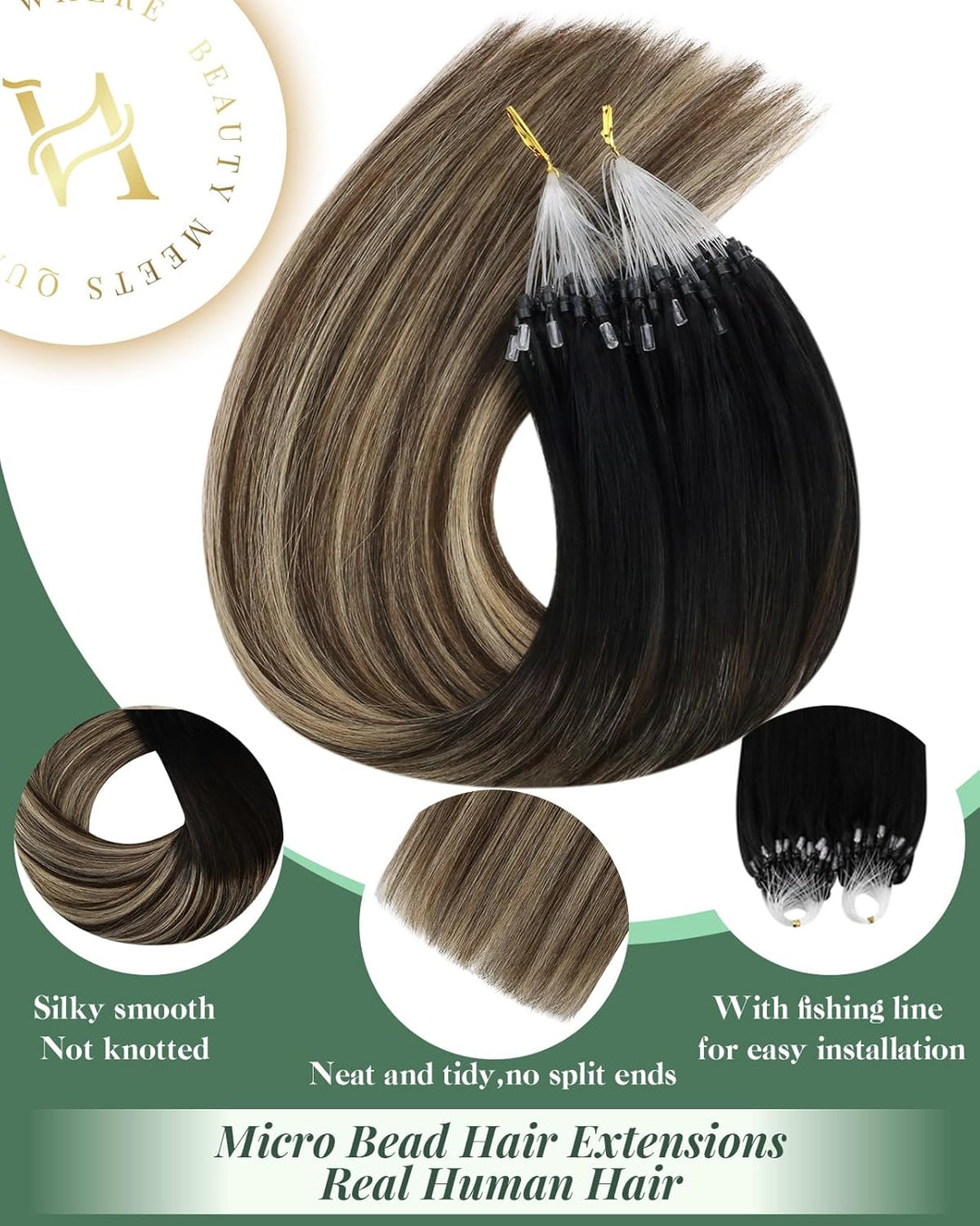 Ugeat 45cm Haarverlängerung mit Microrings Balayage Schwarz zu Dunkelbraun und Karamellblond Remy Ec