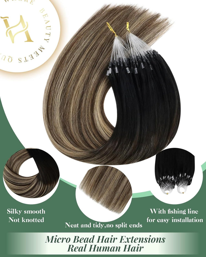 Ugeat 45cm Haarverlängerung mit Microrings Balayage Schwarz zu Dunkelbraun und Karamellblond Remy Ec