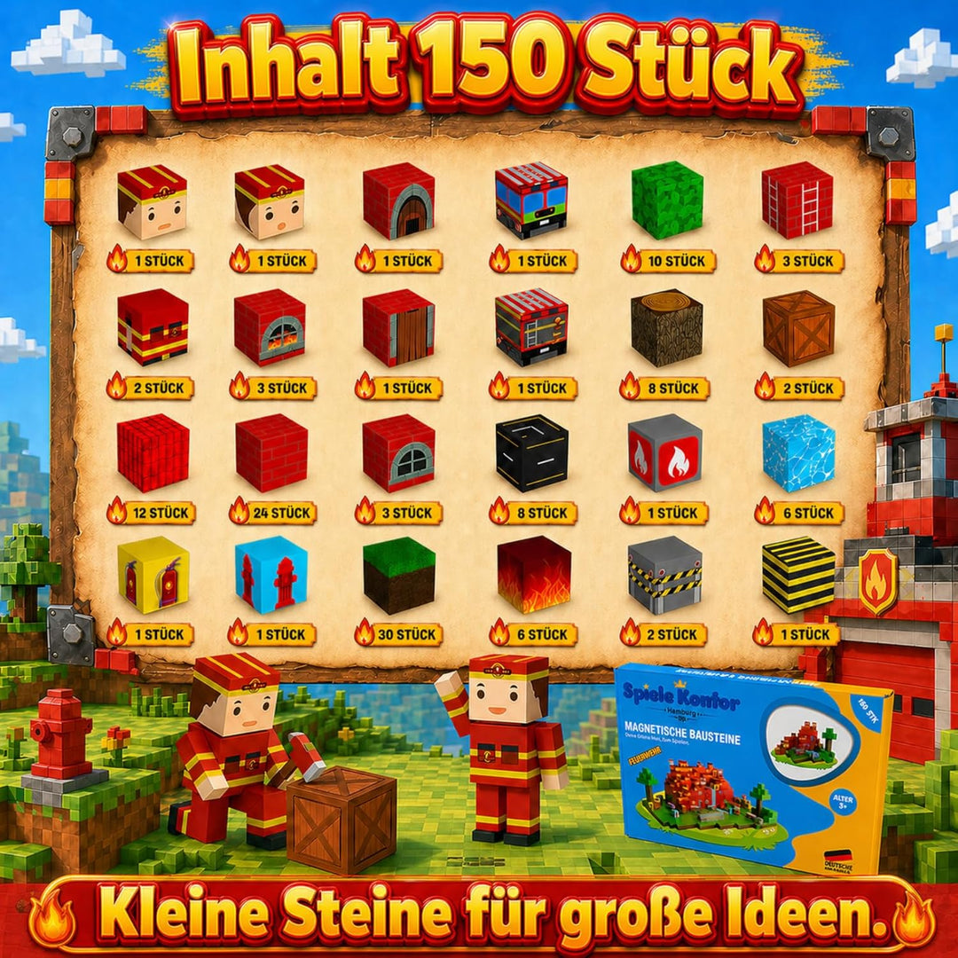 Spiele Kontor Magnetische Bausteine Feuerwehr - 150 Stück Magnetbausteine | Kinderspielzeug für Jung