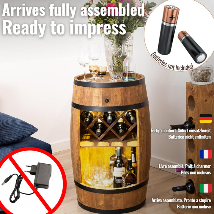 CREATIVE COOPER Fass bar mit Weinhalter - Weinregal LED - Holzfass Hausbar 80x50cm - Rustikaler deko