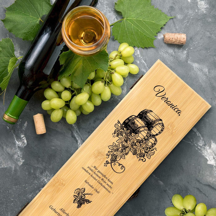 Maverton Weinbox für 0,7L Weinflasche - Wein Holzbox personalisiert + 4er Weinzubehör - Weinset Wein