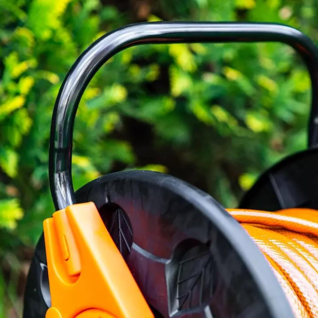 NEO TOOLS Schlauchtrommel bis 60 m Gartenschlauch (1/2") - Schwarz/Orange Schlauchhalter aus Hochwer