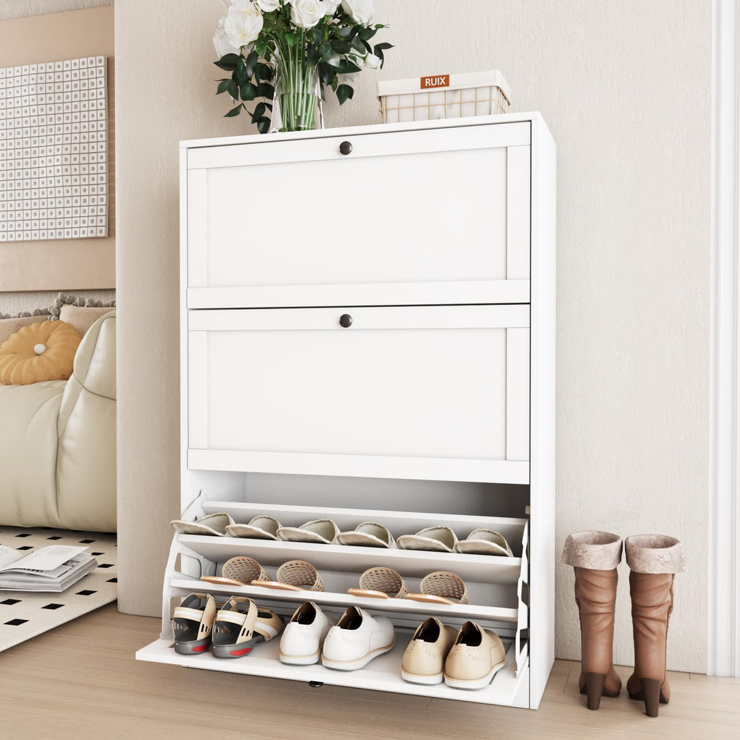 VOWNER Schuhschrank mit 3 Klappen, Schuhregal Schuhkipper Schmal, Schuhschrank Weiss, mit 9 Fächern,