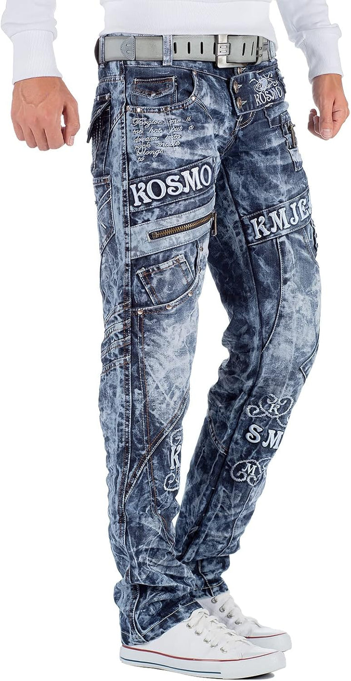 Kosmo Lupo Herren Jeans Extravagant Besondere Designs 29W / 32L Blau - 03, 29W / 32L Blau - 03
