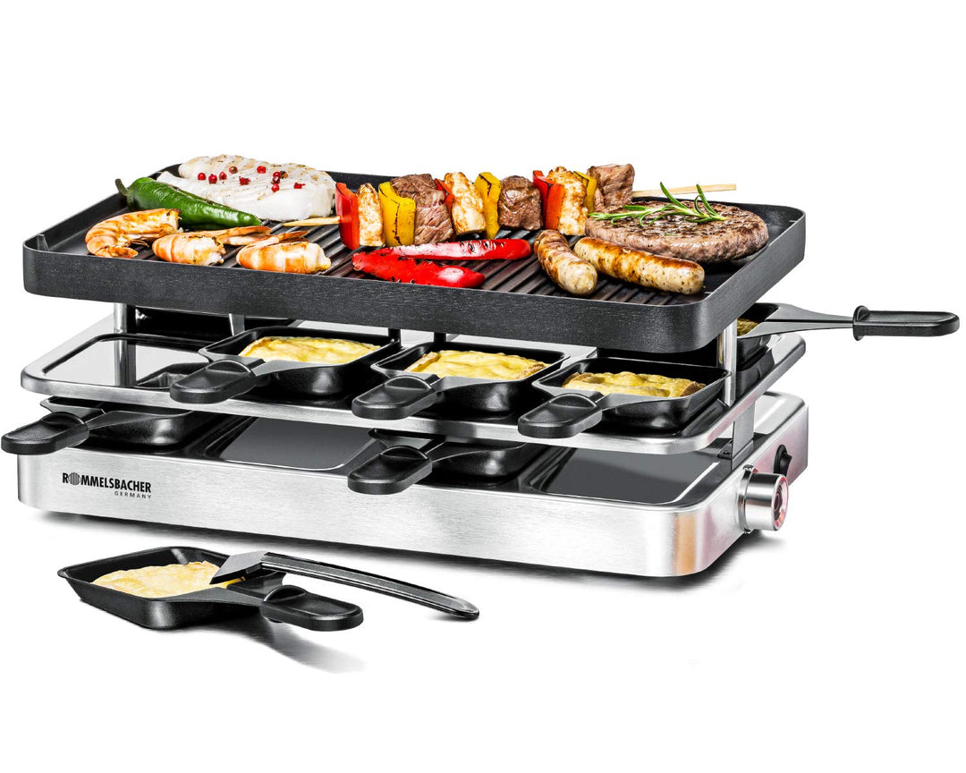 ROMMELSBACHER Raclette Grill RC 1400 - Wendeplatte zum Grillen & für Crepes, 8 Pfännchen, Antihaftbe
