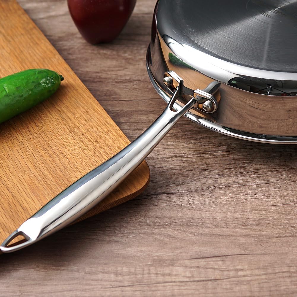 HOMICHEF Spiegelpolierte, nickelfreie Edelstahl-Sautépfanne mit Glasdeckel (keine giftige Antihaftbe