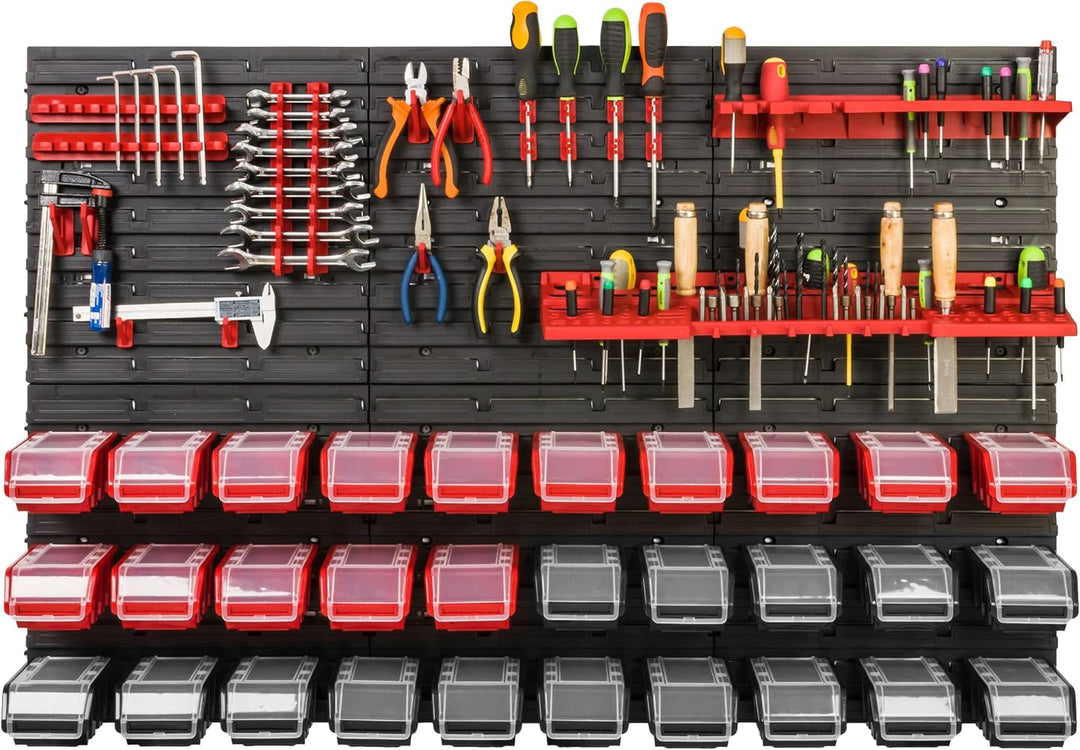 Lagersystem Werkstattregal | 117 x 78 cm | NPKL Wandregal mit Stapelboxen - Wandplatten Extra Starke