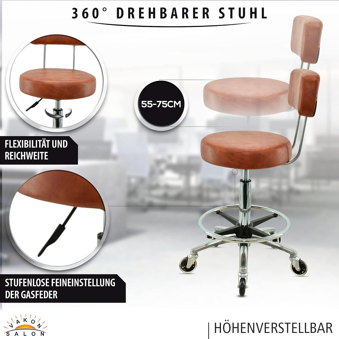 VAKON SALON - Premium Rollhocker in Hellbraun mit Lehne und Fussring - Höhenverstellbar 55-75 cm - R