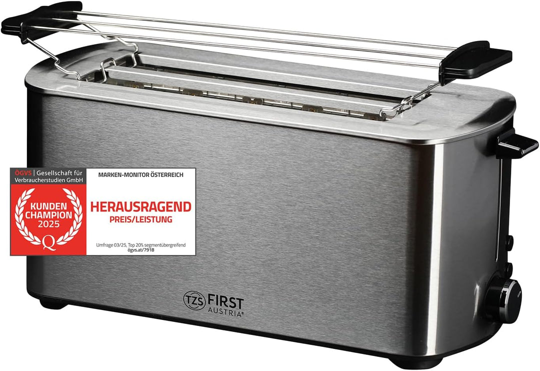 TZS First Austria Toaster Langschlitz, Edelstahl, 4 Scheiben, 1400W, mit abnehmbarem Brötchenaufsatz