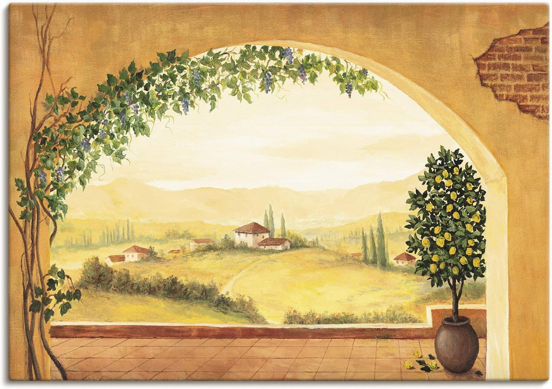 Artland Leinwandbild Wandbild Bild auf Leinwand 100x70 cm Wanddeko Fensterblick Fenster Toskana Land