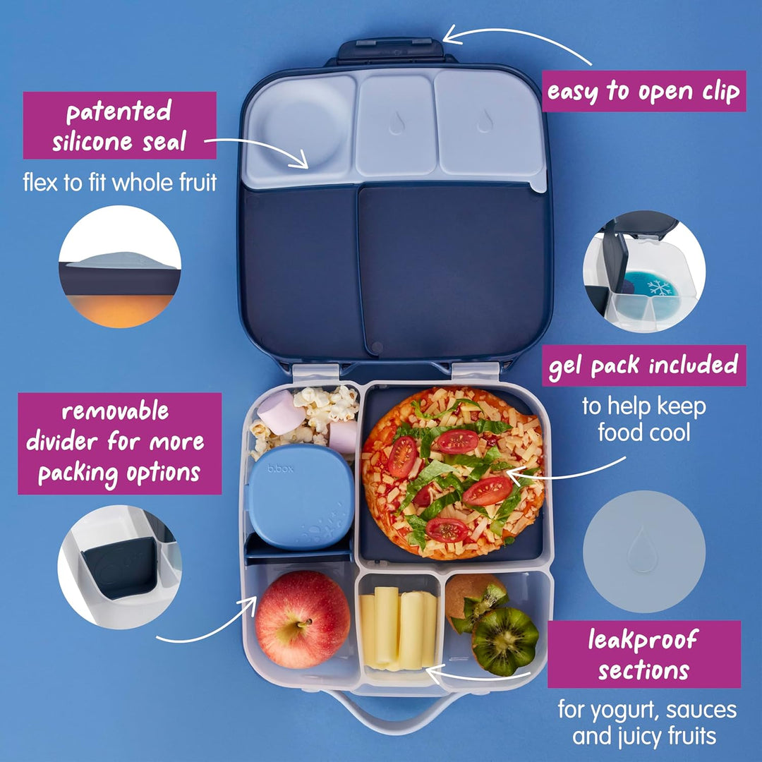 b.box Brotdose | Grosse Bento-Box mit 4 Fächern (2 auslaufsicher), herausnehmbarer Trenner, Gel-Kühl
