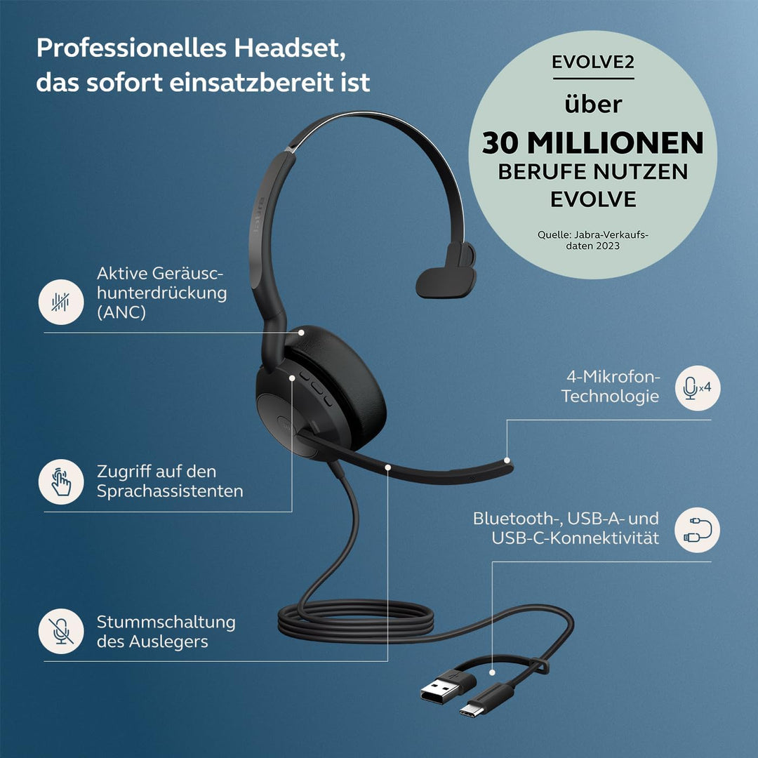 Jabra Evolve2 50 - USB-A/USB-C - schnurgebundenes Mono Headset Zertifiziert für Microsoft Teams Mono