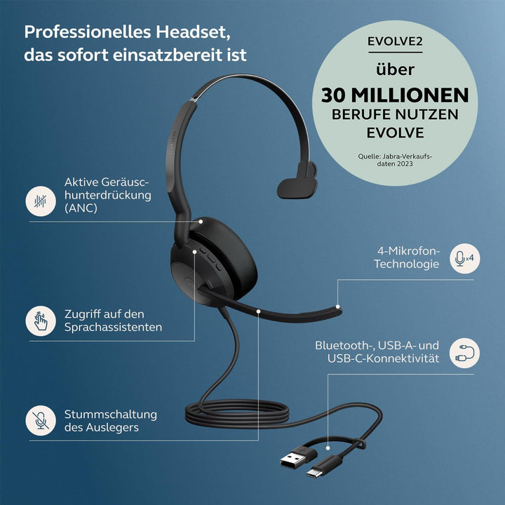 Jabra Evolve2 50 - USB-A/USB-C - schnurgebundenes Mono Headset Zertifiziert für Microsoft Teams Mono