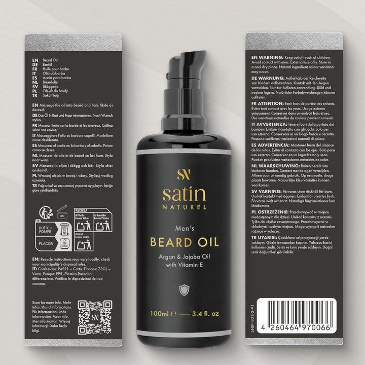 Satin Naturel BIO Bartöl kaltgepresst 100ml – Premium Beard Oil für Herren – Bartpflege mit männlich