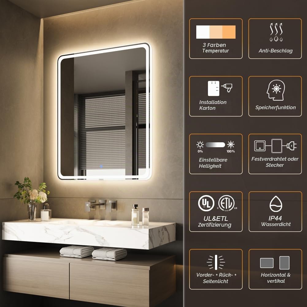 badezimmerspiegel mit Beleuchtung, Sandstrahl-Design led Spiegel Bad, 3 Farbtemperaturen, Dimmbar, E