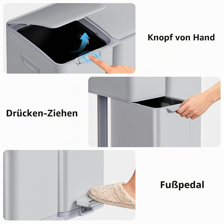 mVm Mülleimer Küche,60 Liter Treteimer,3 Fächer, Mülltrennsystem, Abfalleimer Küche mit Inneneimer a
