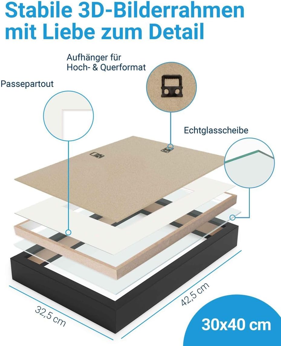 PHOTOLINI 3D Bilderrahmen zum Befüllen 30x40 Schwarz gross, 1,5 cm tiefer Objektrahmen mit Glas, 2X