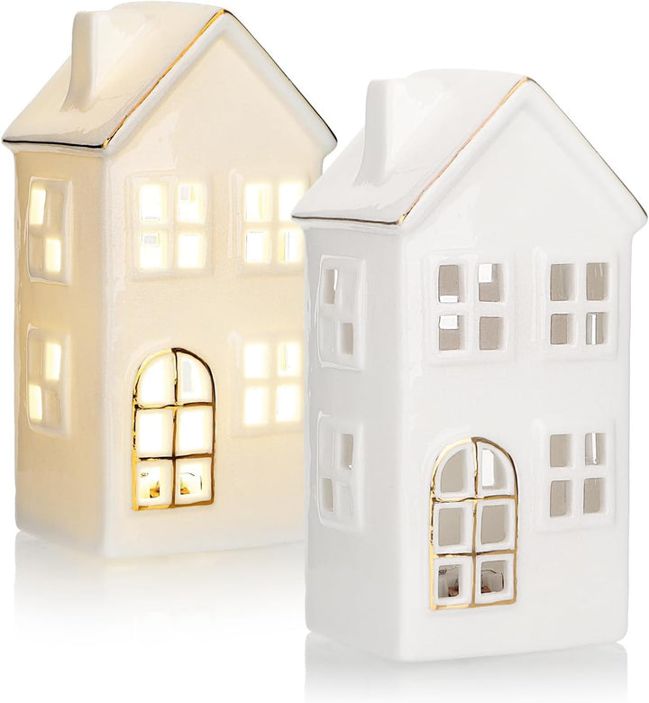 com-four® LED-Haus aus Porzellan - batteriebetriebenes Leuchthaus - weisses glänzendes Deko-Lichthäu