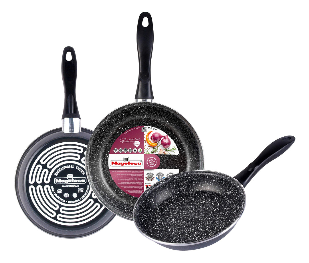 MAGEFESA K2 Gransasso Set mit 3 Bratpfannen (18/20/24) cm aus verglastem Stahl, grau melierte Aussen