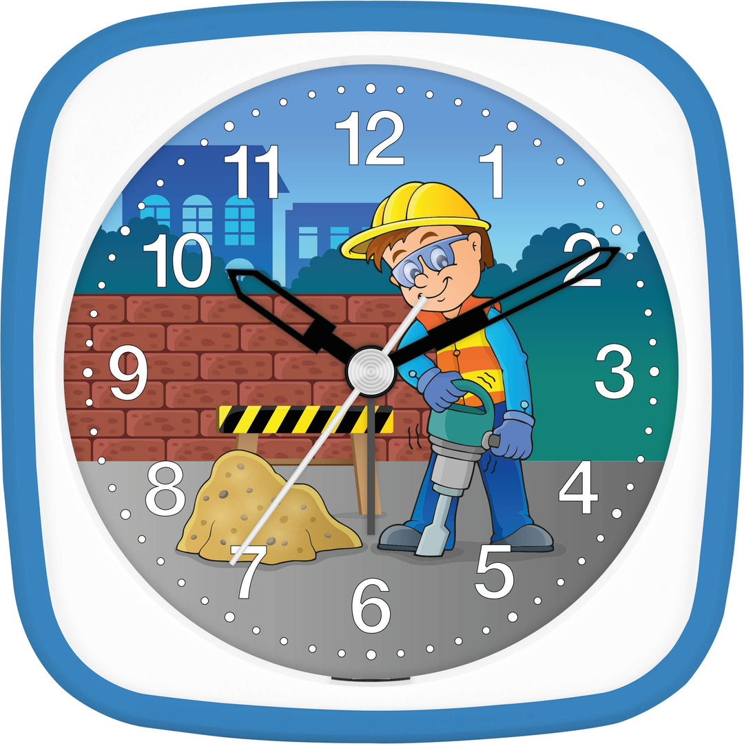 Eurotime Wecker Jungen Baustelle Bauarbeiter, Kinderwecker, Blau, Kunststoffgehäuse und Kunststoffgl
