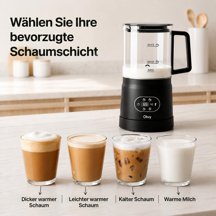Olvy Milchaufschäumer Elektrisch 500W 3-in-1 Heiss Kalt Erwärmen Schwarz Black, Black
