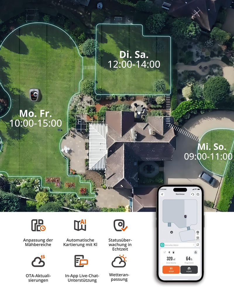 Navimow i105E Mähroboter ohne Begrenzungskabel 500 m², RTK+Vision Rasenmäher Roboter, KI Automatisch