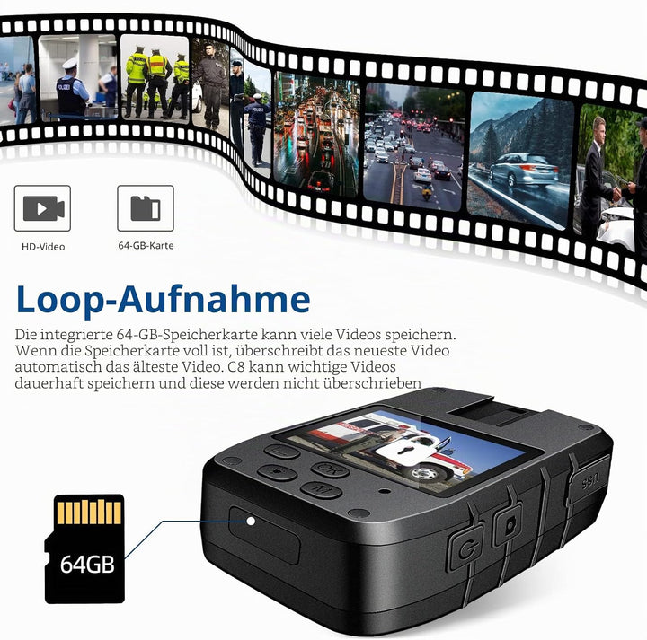 CAMMHD C8-64GB 1296P Body Cam 12 Stunden Tragbare Audio und Video Bodycam 170° Weitwinkel Polizei Kö