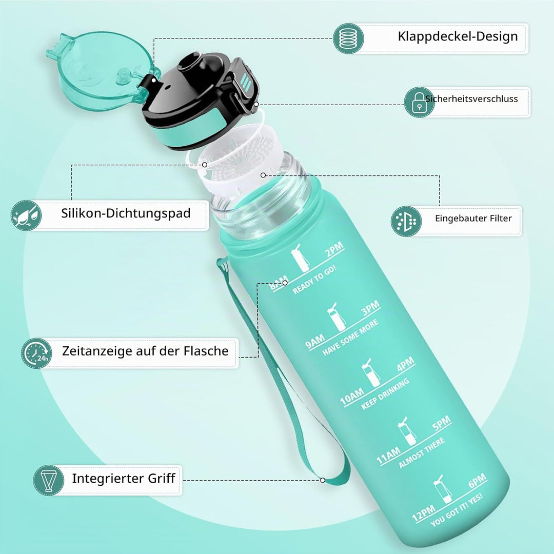 HoneyHolly Trinkflasche 1L, Zeitmarkierung, Wasserflasche, Auslaufsicher, Trinkflasche Sport, Wieder