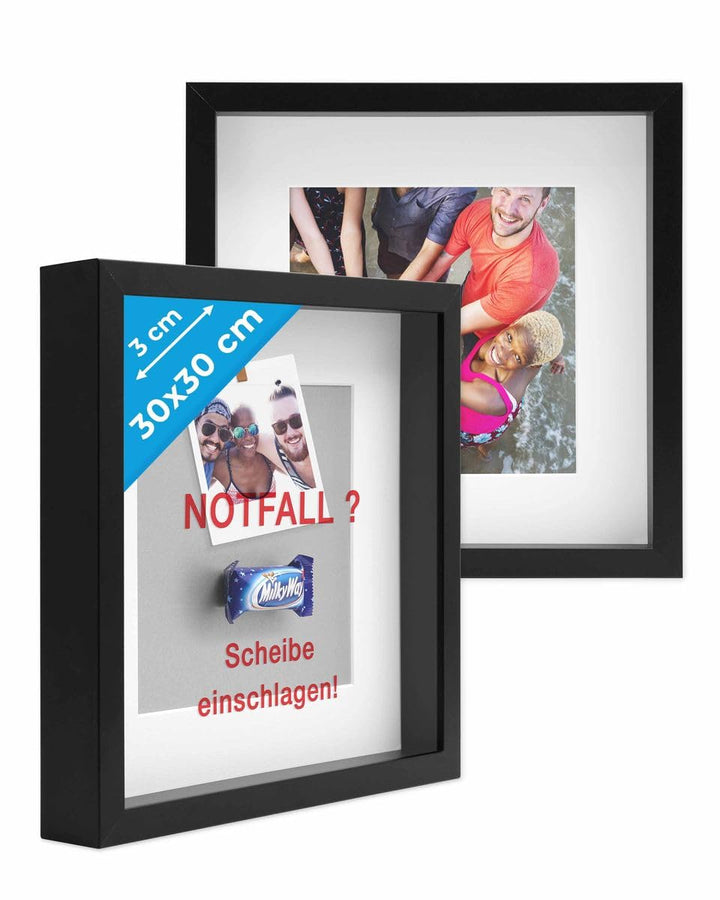 PHOTOLINI 3D Bilderrahmen zum Befüllen 30x30 Schwarz gross, 3 cm tiefer Objektrahmen mit Glas, 2X ti