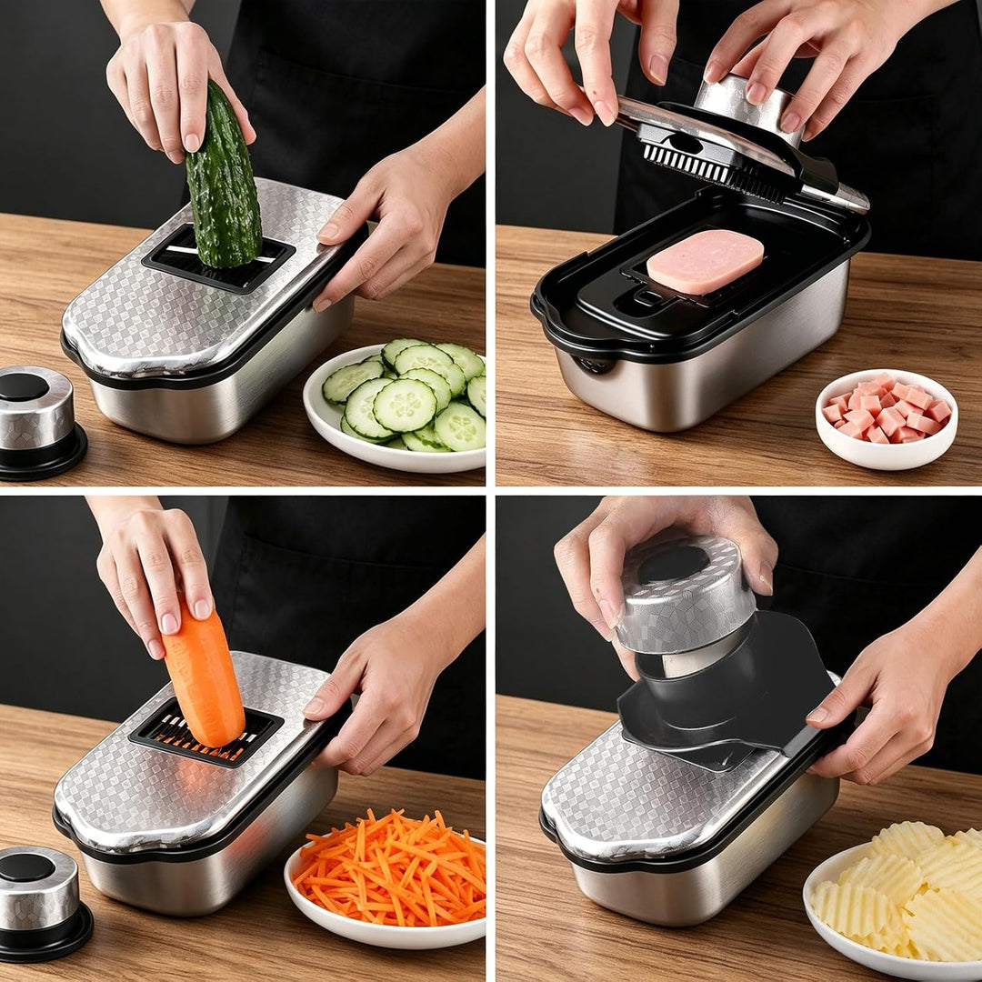 Multi-Gemüseschneider Mandoline Hobel - Edelstahl 304 13-teilig Gemüsehobel mit Abtropfkorb - Zwiebe
