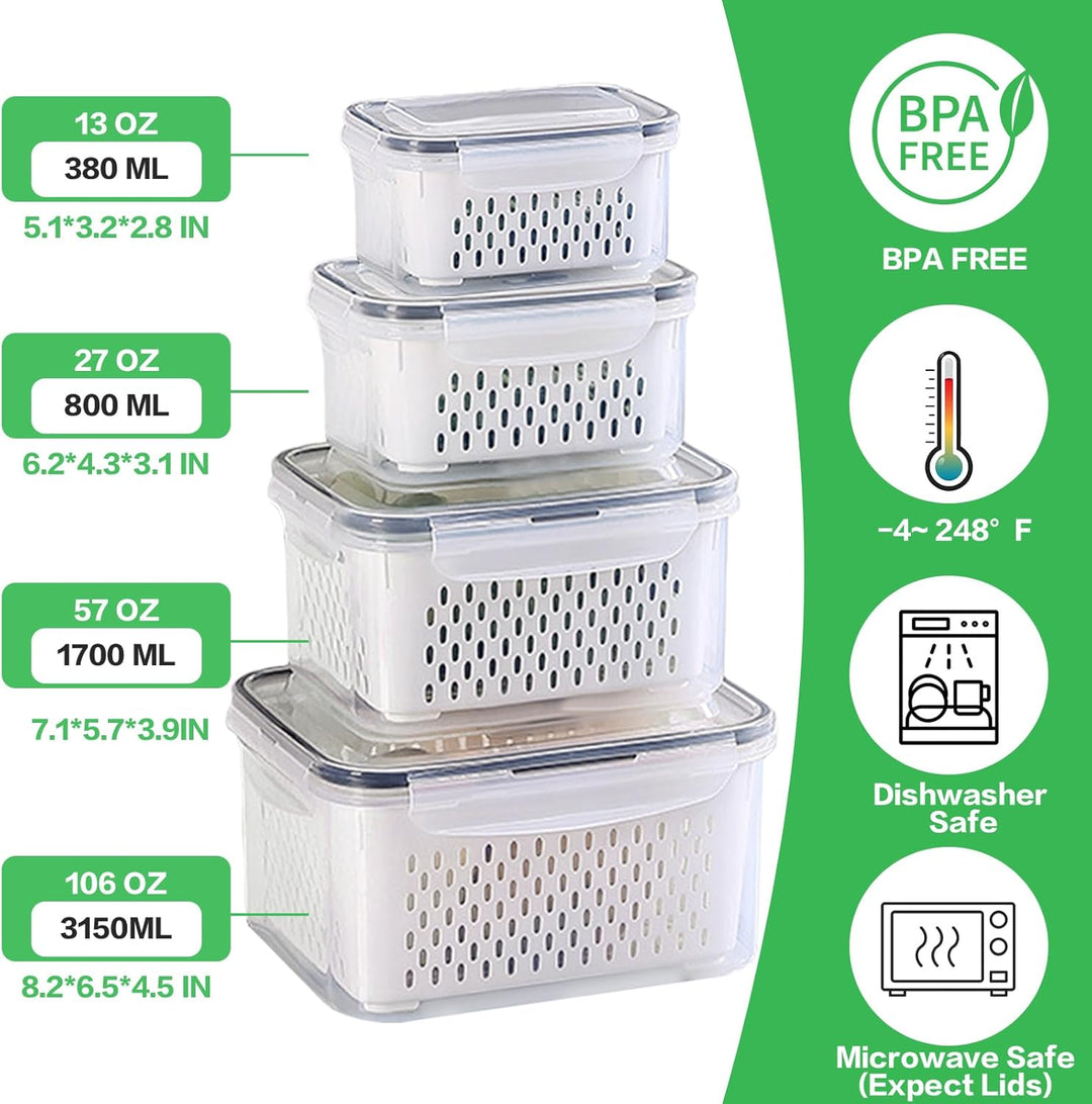 Kühlschrank Organizer 4er Set – Frischhaltedosen mit Deckel & Siebeinsatz (380+800+1700+3150ml) – St