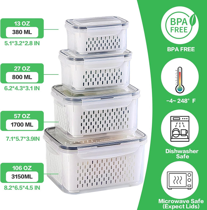 Kühlschrank Organizer 4er Set – Frischhaltedosen mit Deckel & Siebeinsatz (380+800+1700+3150ml) – St