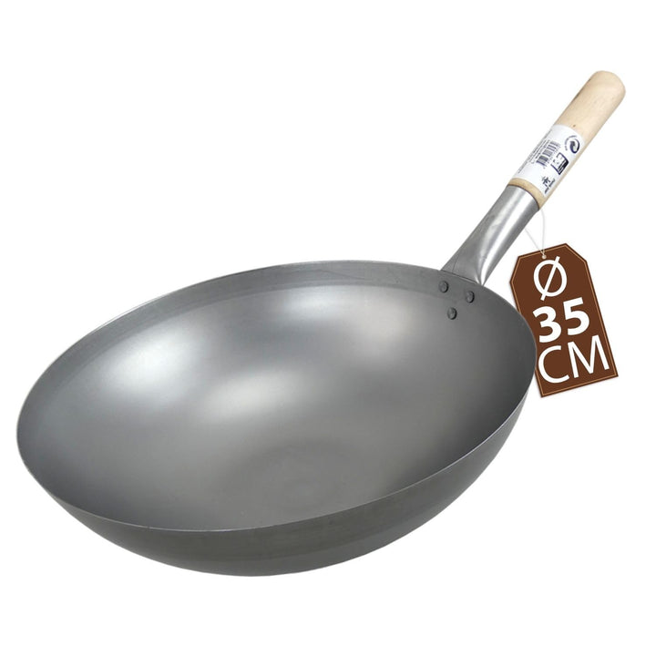 JADE TEMPLE Wok aus Carbonstahl mit 35 cm Durchmesser, mit rundem Holzgriff Durchmesser 35 cm runder