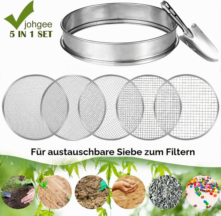 Johgee 5 in 1 Gartensieb aus Edelstahl Witterungsbeständig Sieb, mit 5 austauschbare Siebeinsätze Ø