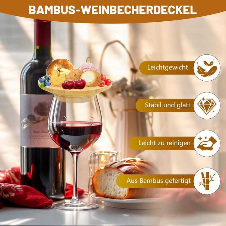 8 Stück Weinglas Topper Holz, Wine Glass Charcuterie Topper mit 2 Halterungen, Bambus Weinglas Toppe