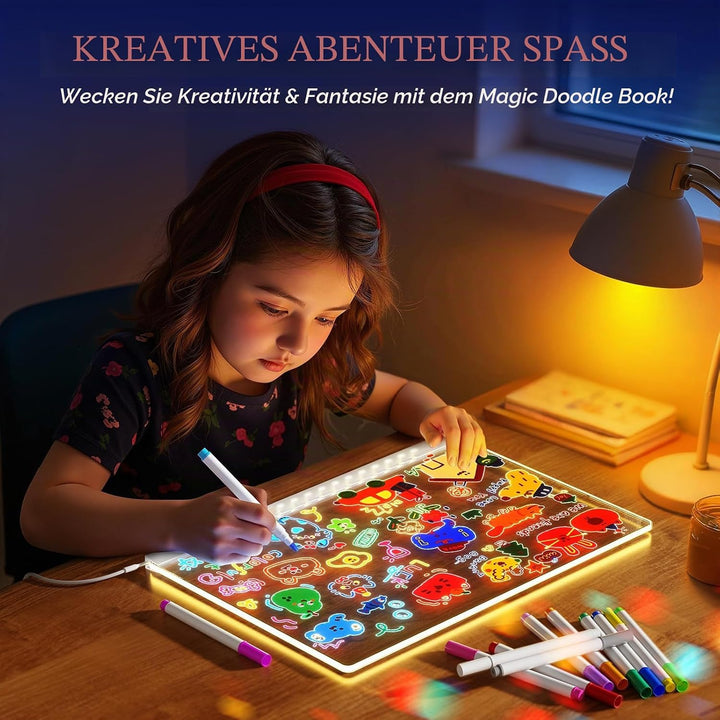 LED-Zeichenbrett mit 7 Farbstiften, 30 x 20 cm, beleuchtetes Memoboard, trocken abwischbares Acryl-K
