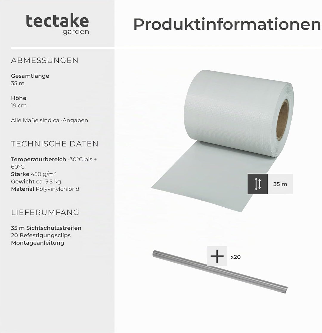 TecTake PVC Sichtschutzfolie Sichtschutzstreifen inkl. Befestigungsclips 450g/m² - Diverse Modelle -