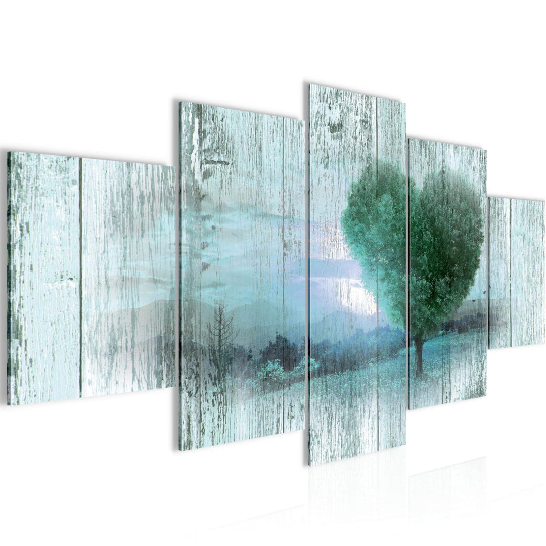 Runa Art Bild Wohnzimmer Schlafzimmer Herbst Vintage 5 Teilig Baum Herz Türkis Wandbilder auf Vlies