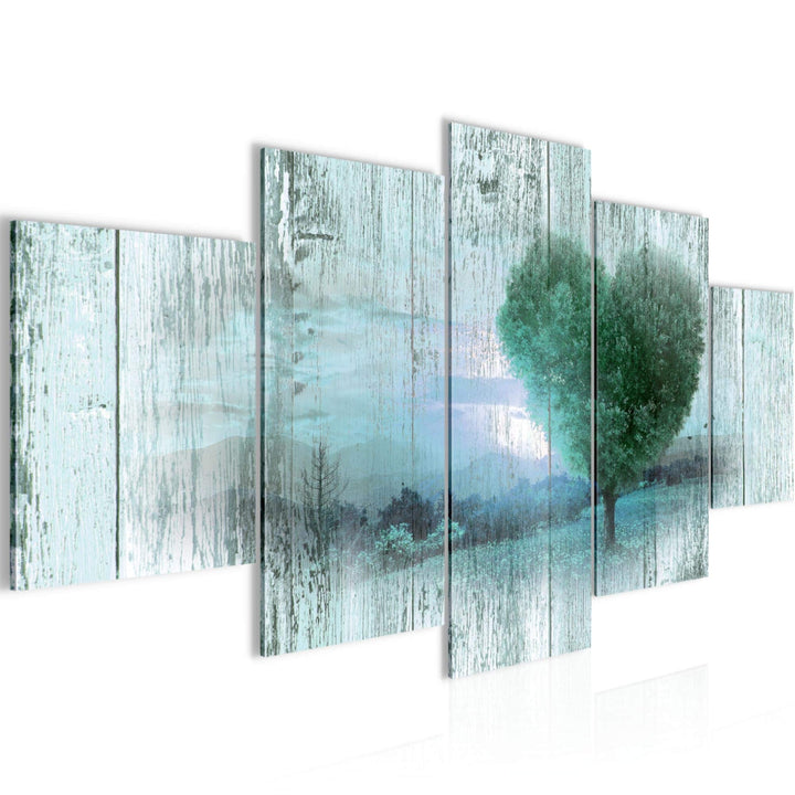 Runa Art Bild Wohnzimmer Schlafzimmer Herbst Vintage 5 Teilig Baum Herz Türkis Wandbilder auf Vlies
