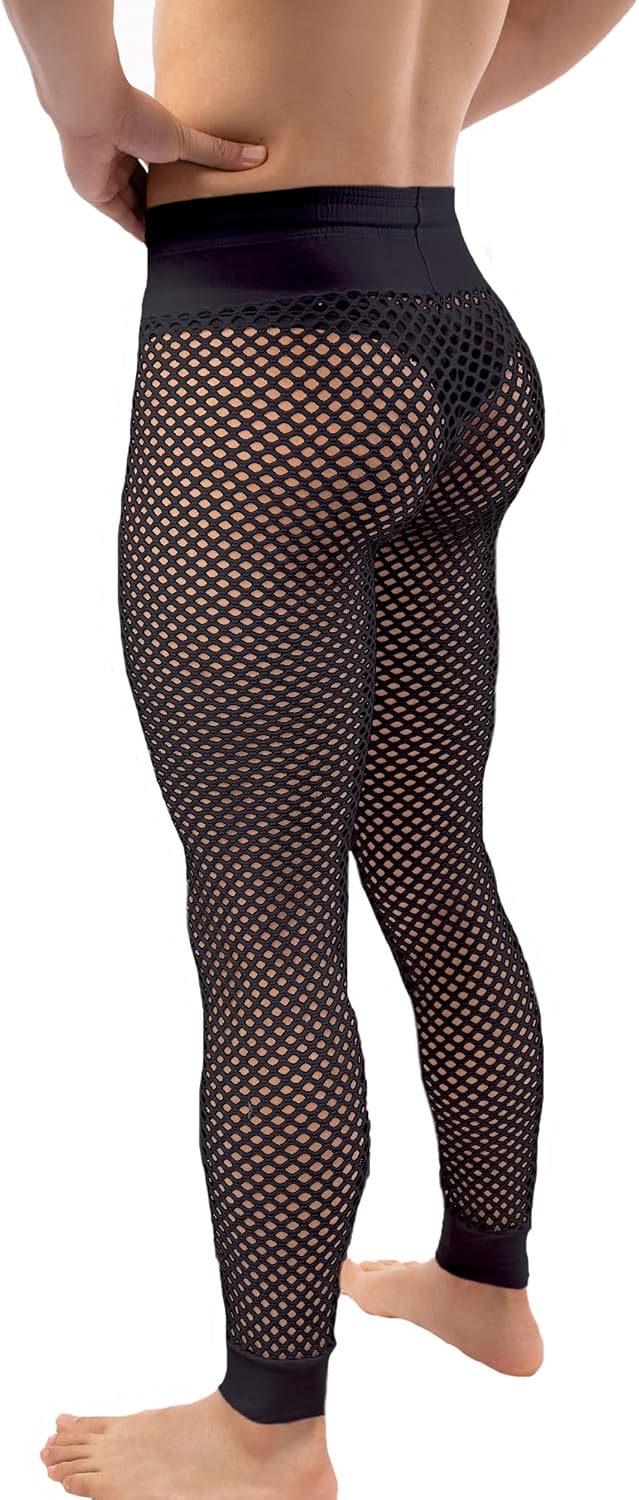 QiaTi Herren Fischnetzhose Mesh durchsichtige Muskelleggings Dehnbare Lange Hose mit Kordelzug M Sch