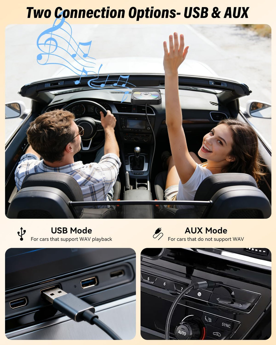 MONODEAL Externer CD Player für Auto, Plug-and-Play Auto CD-Player mit USB/AUX Anschluss, Universell