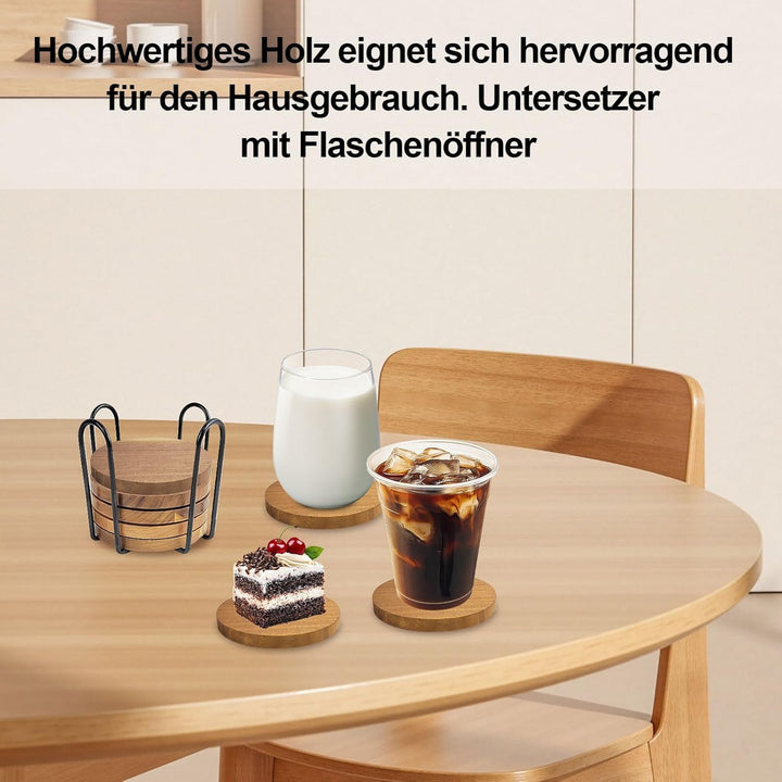 Untersetzer mit Flaschenöffner 8er Set Akazienholz Rund – Multifunktional Holz Untersetzer für Geträ