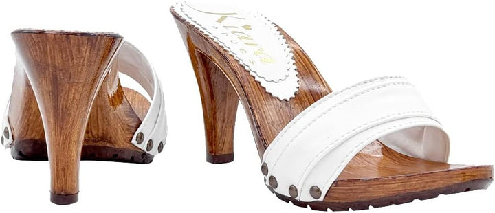 Holzeffeckt Clogs mit doppeltem Weiss Band hoher Absatz 9 cm - K6101 Bianco (40 EU, Weiss) 40 EU Wei