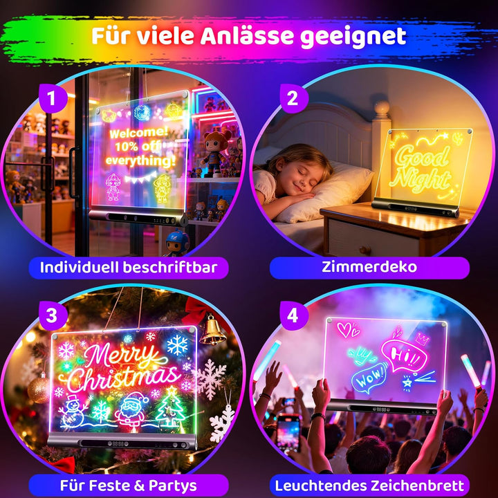 LED-Zeichenbrett Wiederaufladbares 41 cm, 9 Lichtmodi mit Timer, Neon-Trockenlöschtafel mit Ständer,