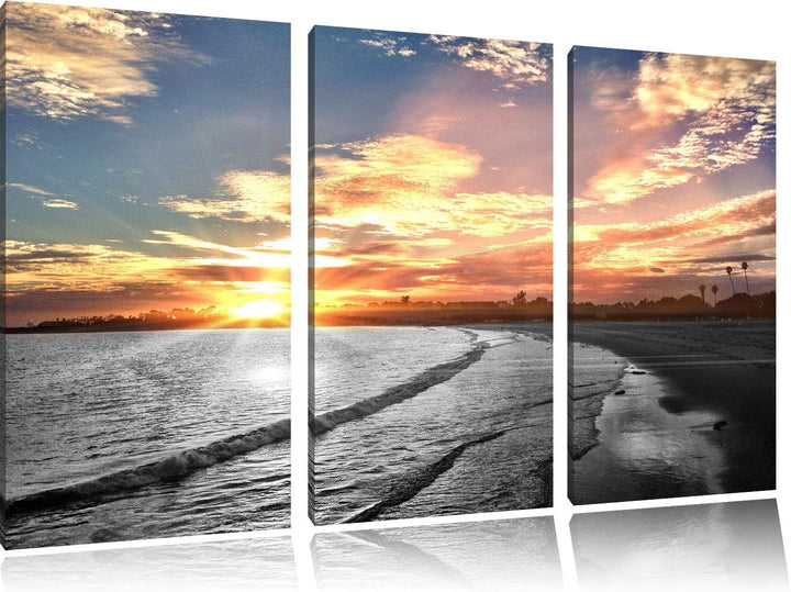 Pixxprint Strand bei Sonnenuntergang als Leinwandbild | Grösse: 3 Teilig (120x80) | Wandbild| Kunstd