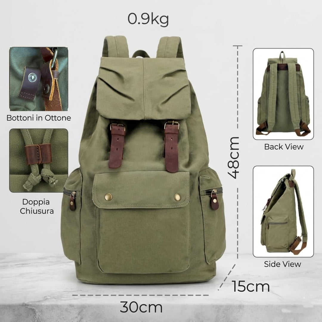 DremFreo Vintage Canvas Rucksack mit Lederdetails, 30x48x15cm, Outdoor Tagesrucksack für Damen und H