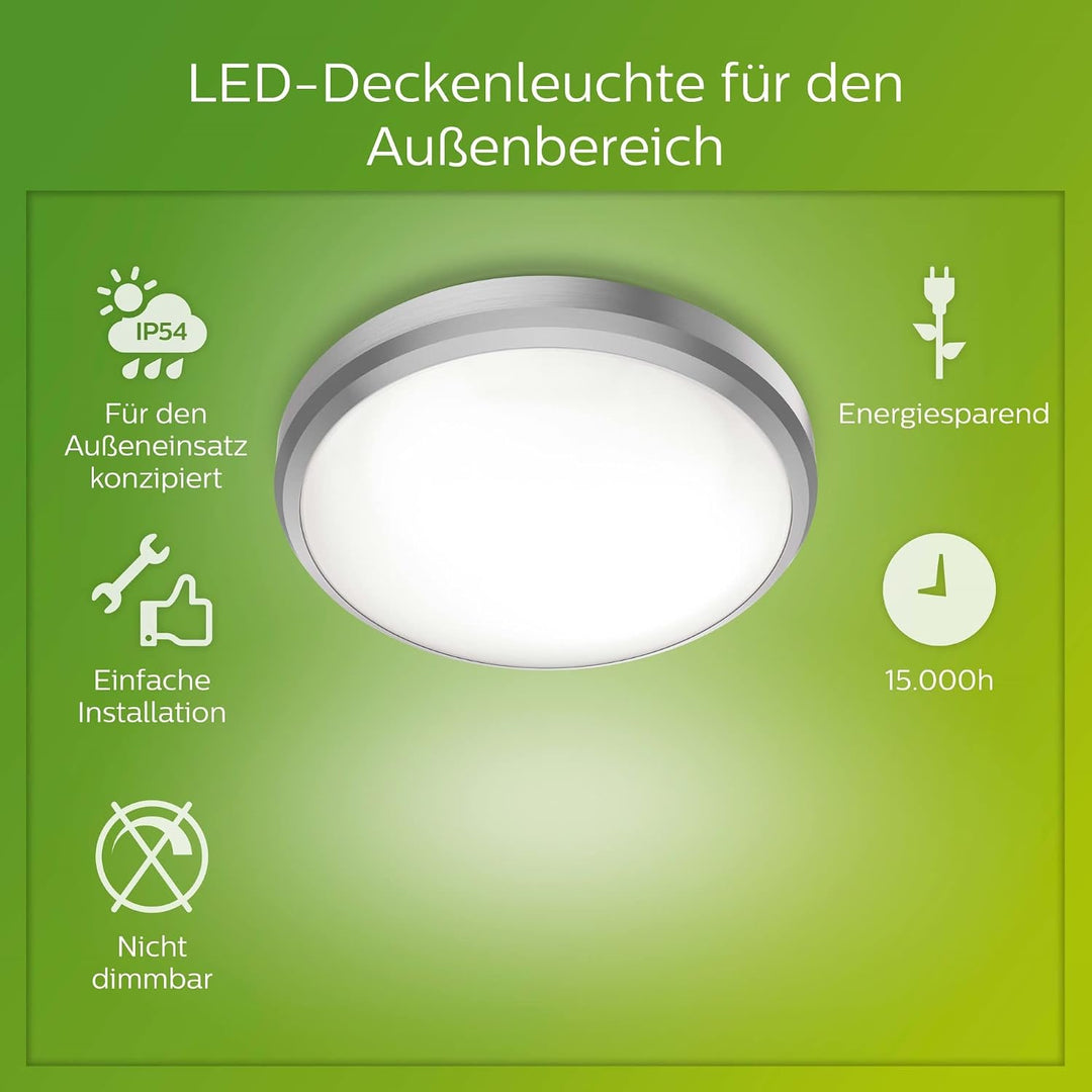 Philips Outdoor LED Deckenleuchte Doris, nickel, 6W, kaltweisses Licht 4.000K, IP54 Schutzklasse, in
