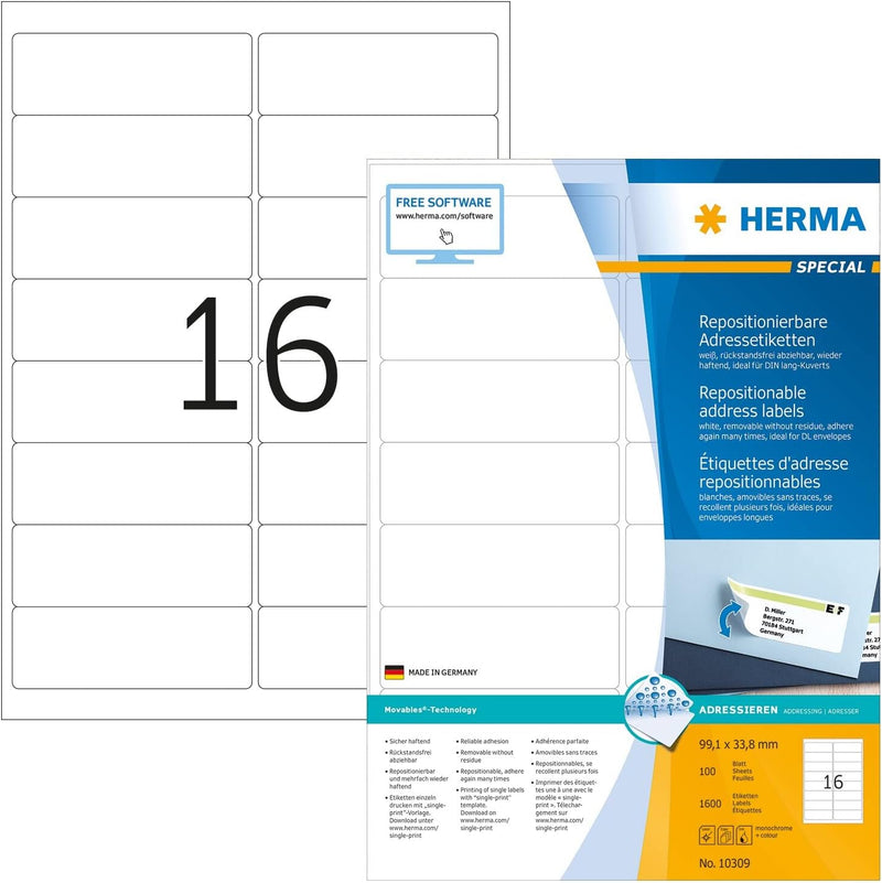 HERMA 10309 Universal Etiketten ablösbar, 100 Blatt, 99,1 x 33,8 mm, 16 Stück pro A4 Bogen, 1600 Auf