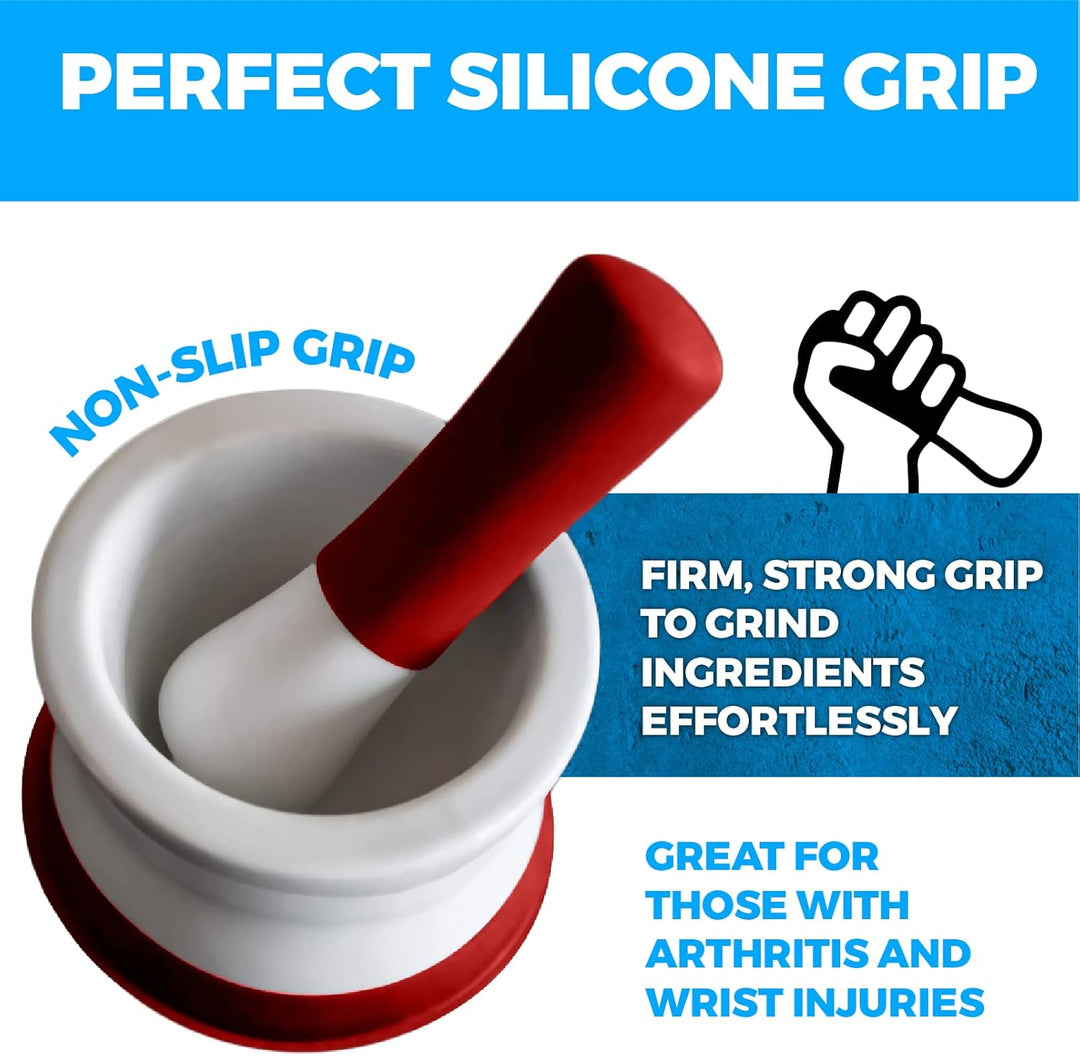 EZ-Grip Mörser und Stössel aus rotem Silikon und Porzellan mit rutschfester abnehmbarer Silikonbasis